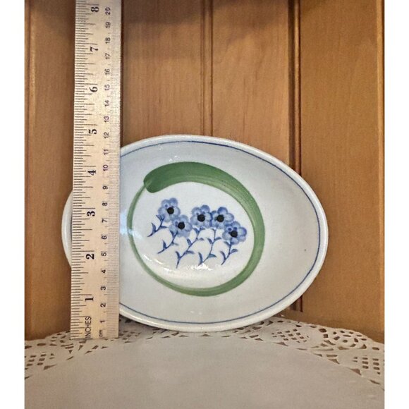 Vintage Hand-Painted Oval Ceramic Dish Blue Floral Green Accent Soap Dish Small - Picture 2 of 4